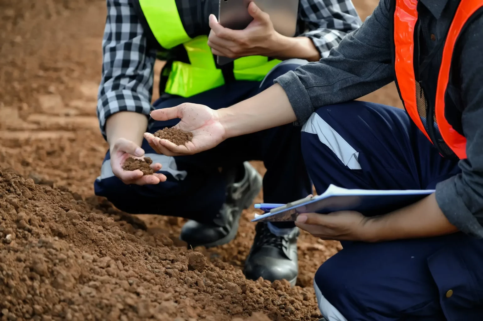 Inspecting soil on a job site