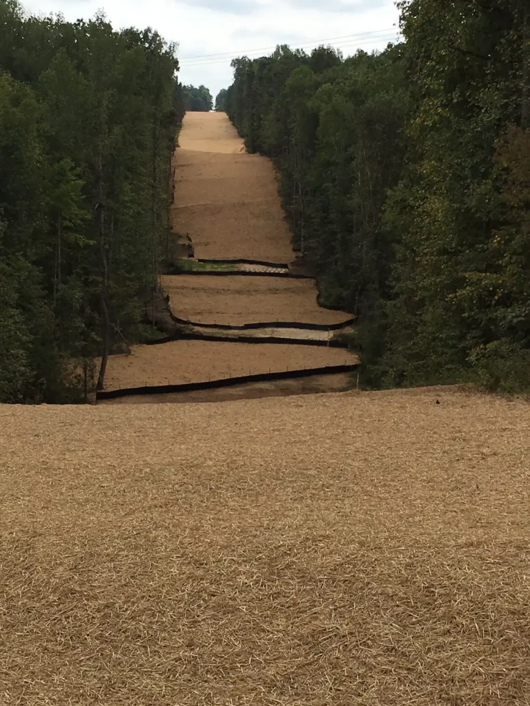 A cleared utility corridor with straw mulch and black silt fencing for erosion control, running through a forested area.