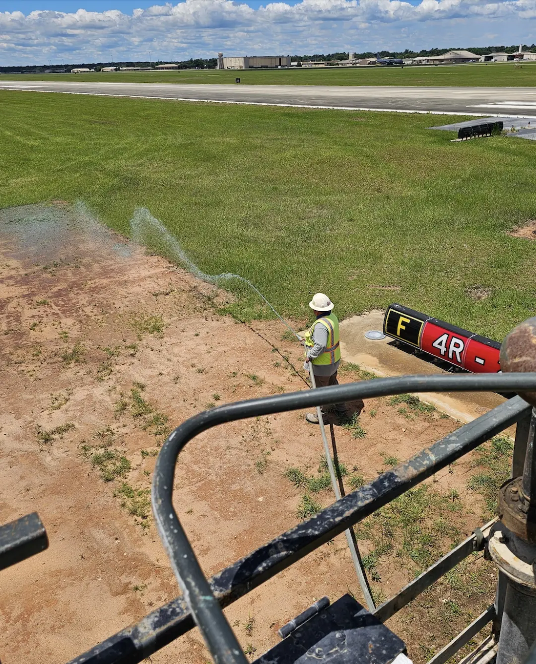 Hydroseeding operations underway along the runway to ensure rapid vegetation establishment, erosion control, and compliance with airfield safety standards. We used our Epic Hydroseeder for this.