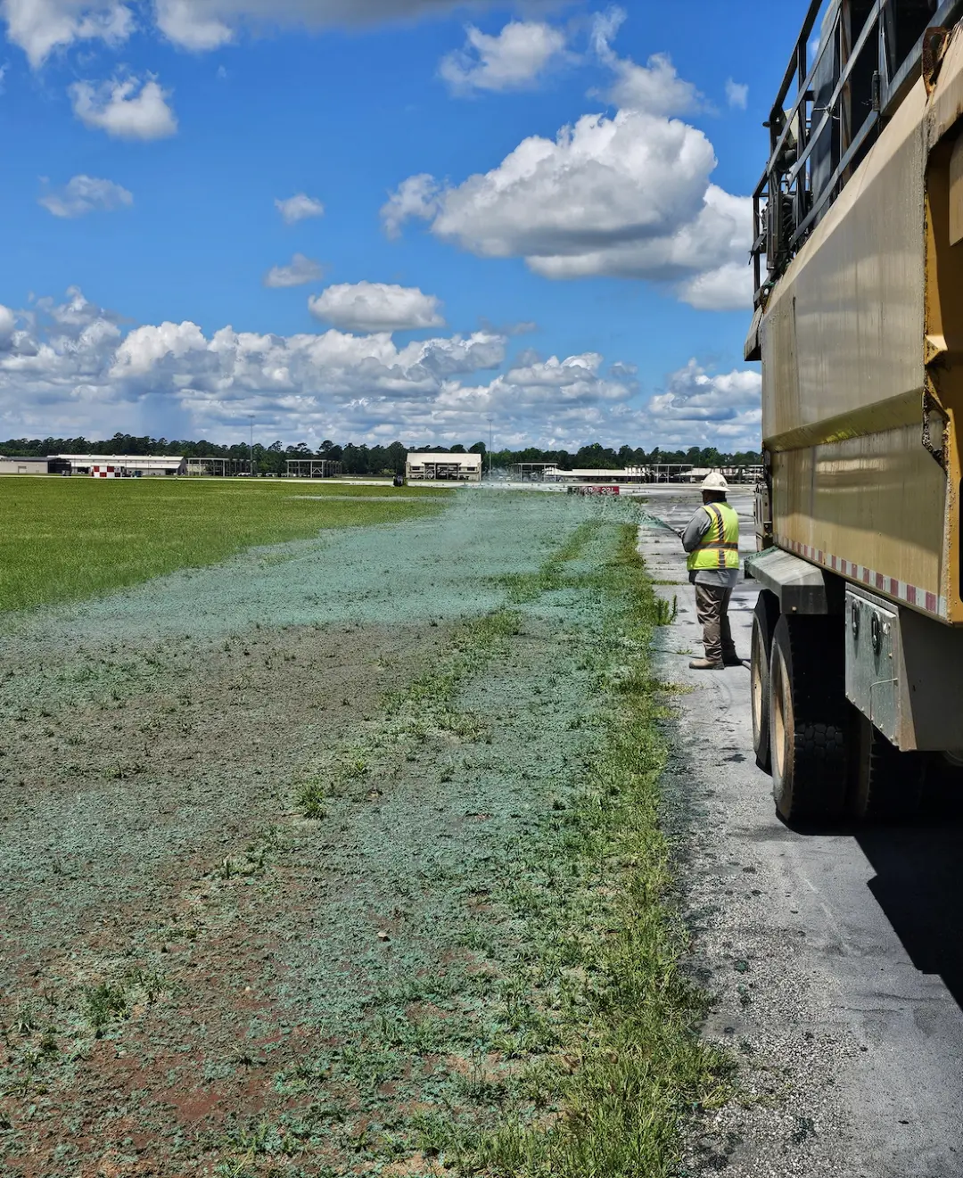Hydroseeding the runway is almost complete.