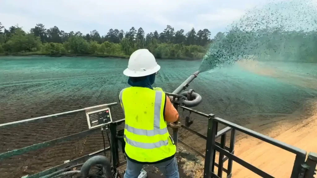 Hydroseeder applying seed slurry across a graded site