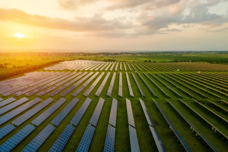 Aerial view of a utility-scale solar farm at sunset with rows of panels over grass